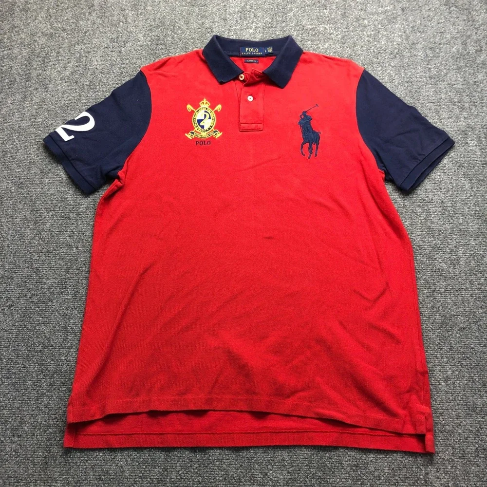 Polo Ralph Lauren Mens Big Pony Crest Polo Shirt Red Navy Blue Classic Fit L
